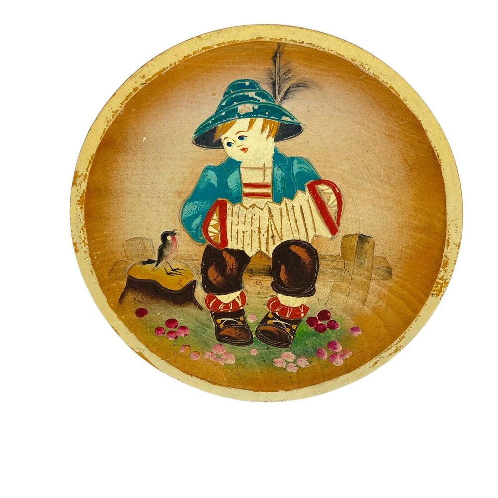 Boy & Bird Decorative Art Plate Vintage Brown Hand Painted Distressed Wooden 7"